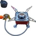 Ultralight Red Square Camping Stove with Detached Safe Gas Line – Wind-Resistant Burner for Hiking & Travel