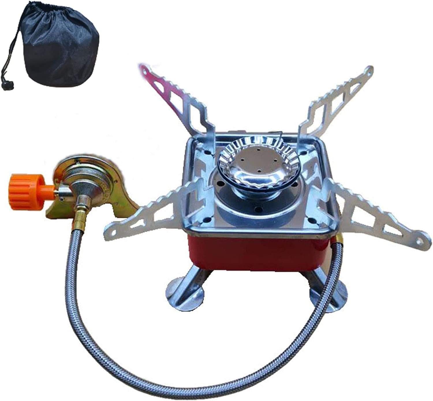 Ultralight Red Square Camping Stove with Detached Safe Gas Line – Wind-Resistant Burner for Hiking & Travel