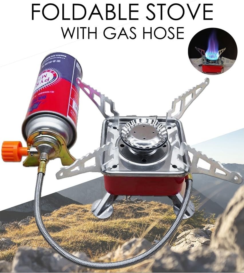 Ultralight Red Square Camping Stove with Detached Safe Gas Line – Wind-Resistant Burner for Hiking & Travel