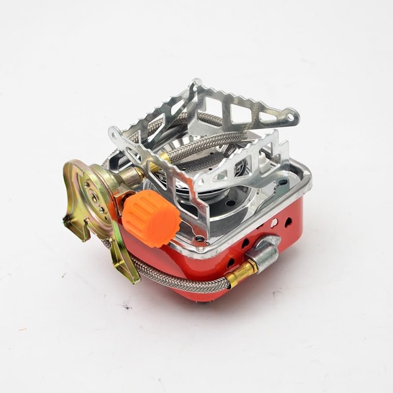 Ultralight Red Square Camping Stove with Detached Safe Gas Line – Wind-Resistant Burner for Hiking & Travel