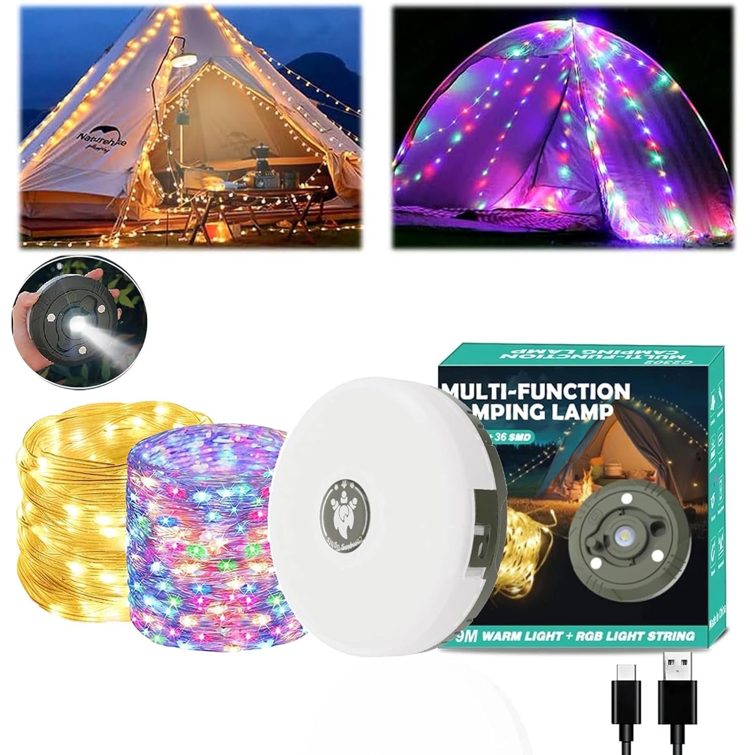 Cluemart 32.8FT Retractable Outdoor Camping String Light | Built-in Flashlight Torch, 8 Modes & USB Phone Power Bank