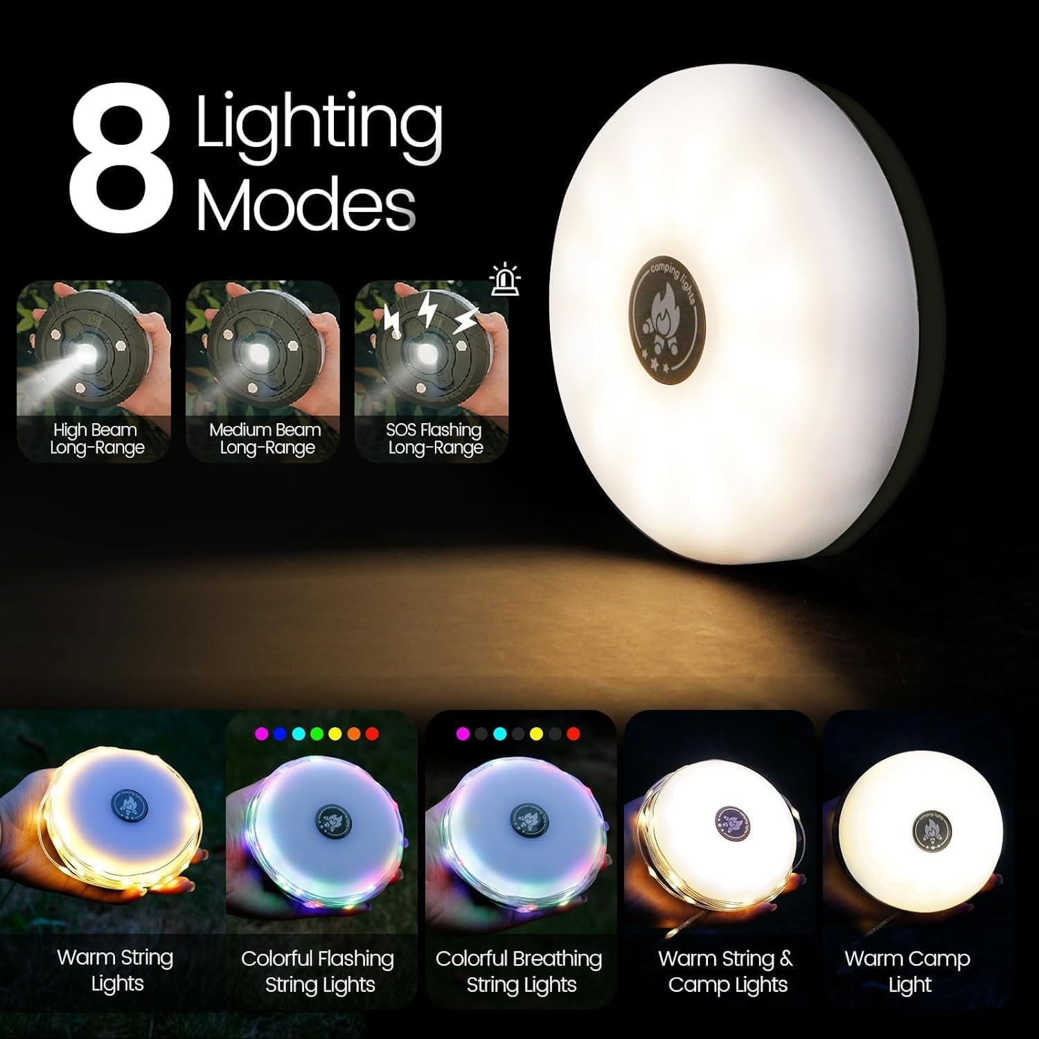 Cluemart 32.8FT Retractable Outdoor Camping String Light | Built-in Flashlight Torch, 8 Modes & USB Phone Power Bank