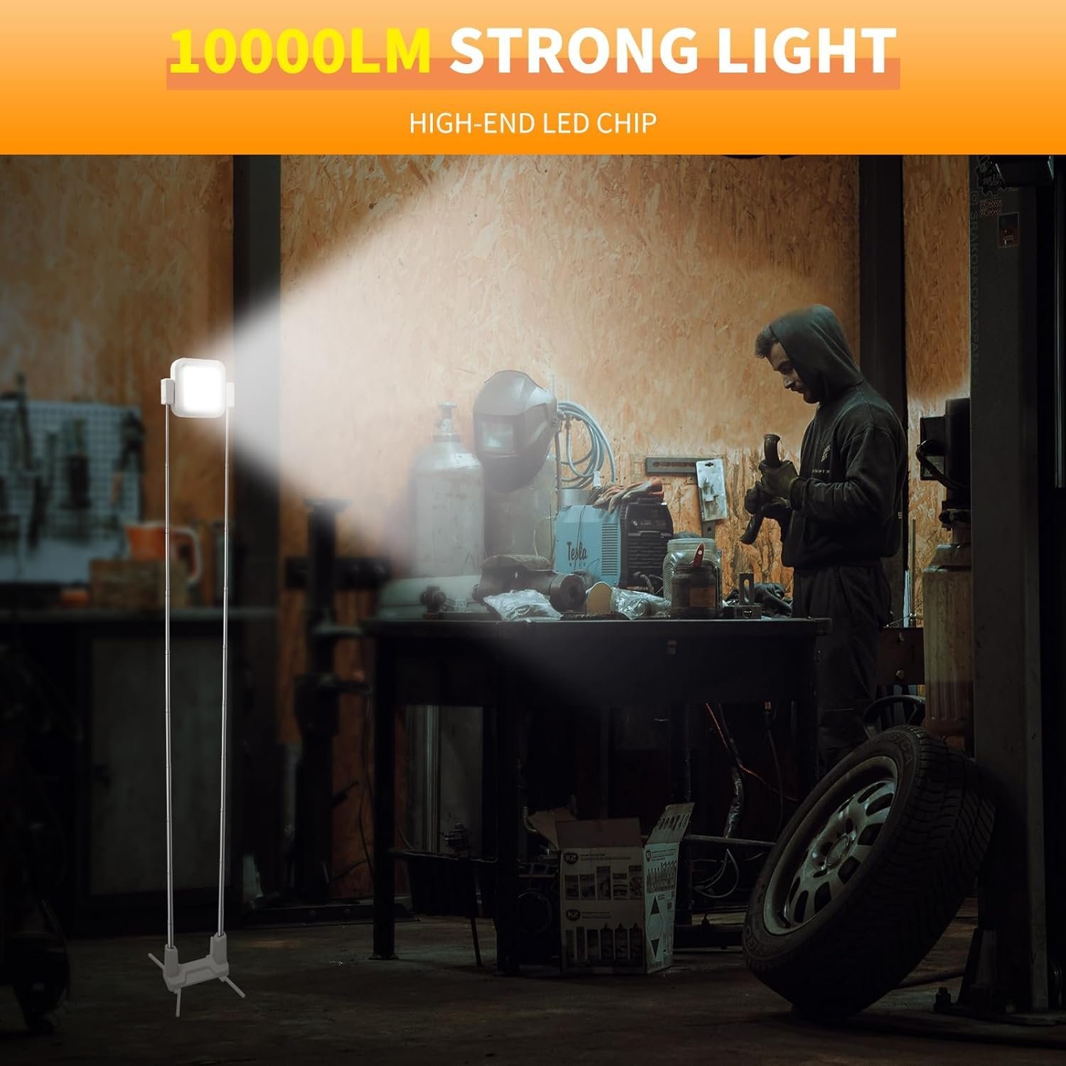 Cluemart 00W Rechargeable Telescopic LED Work Light (12–65") – 10000mAh Battery, 360° Rotating Waterproof Floodlight