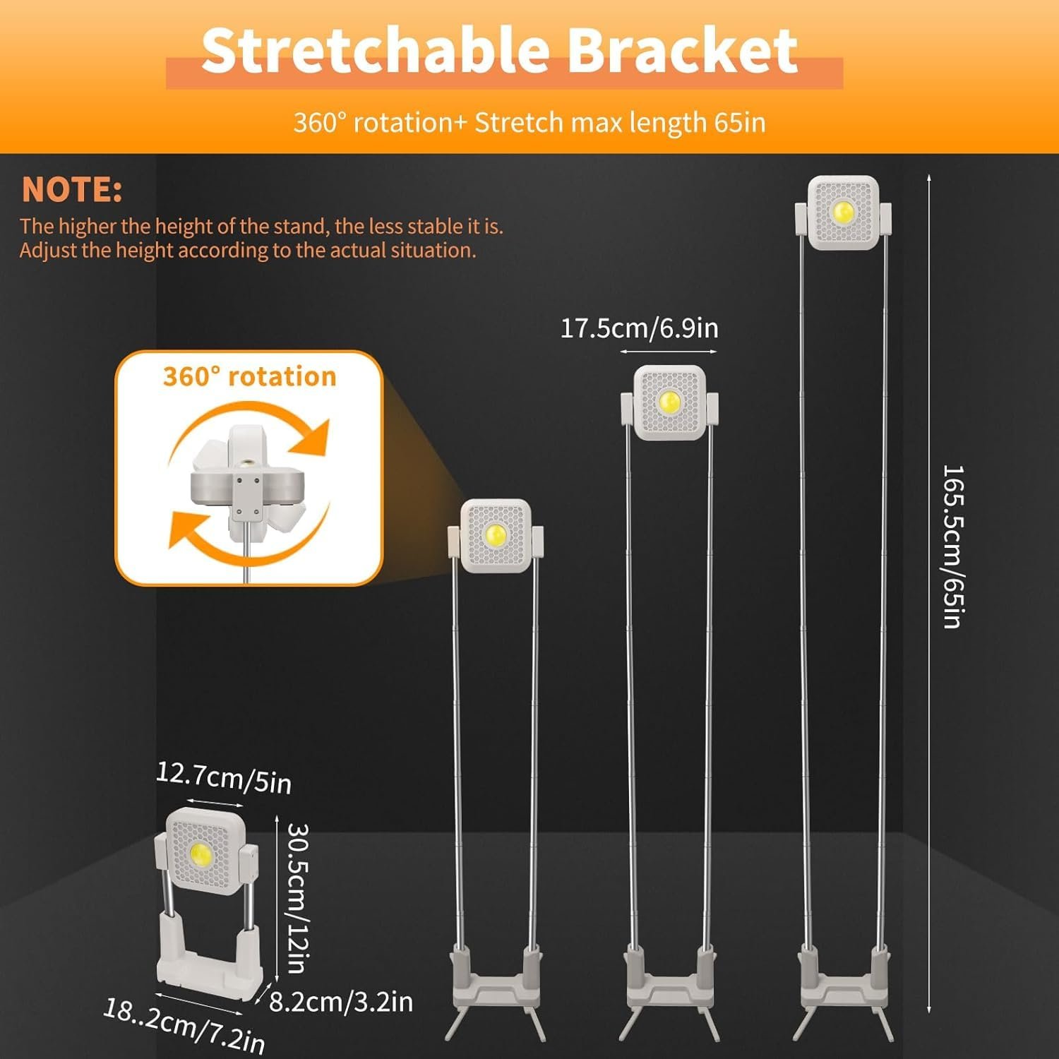 Cluemart 00W Rechargeable Telescopic LED Work Light (12–65") – 10000mAh Battery, 360° Rotating Waterproof Floodlight