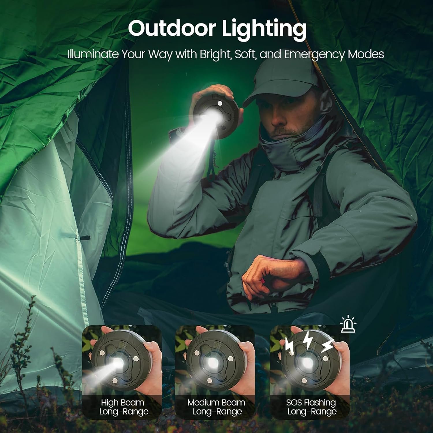 Cluemart 32.8FT Retractable Outdoor Camping String Light | Built-in Flashlight Torch, 8 Modes & USB Phone Power Bank