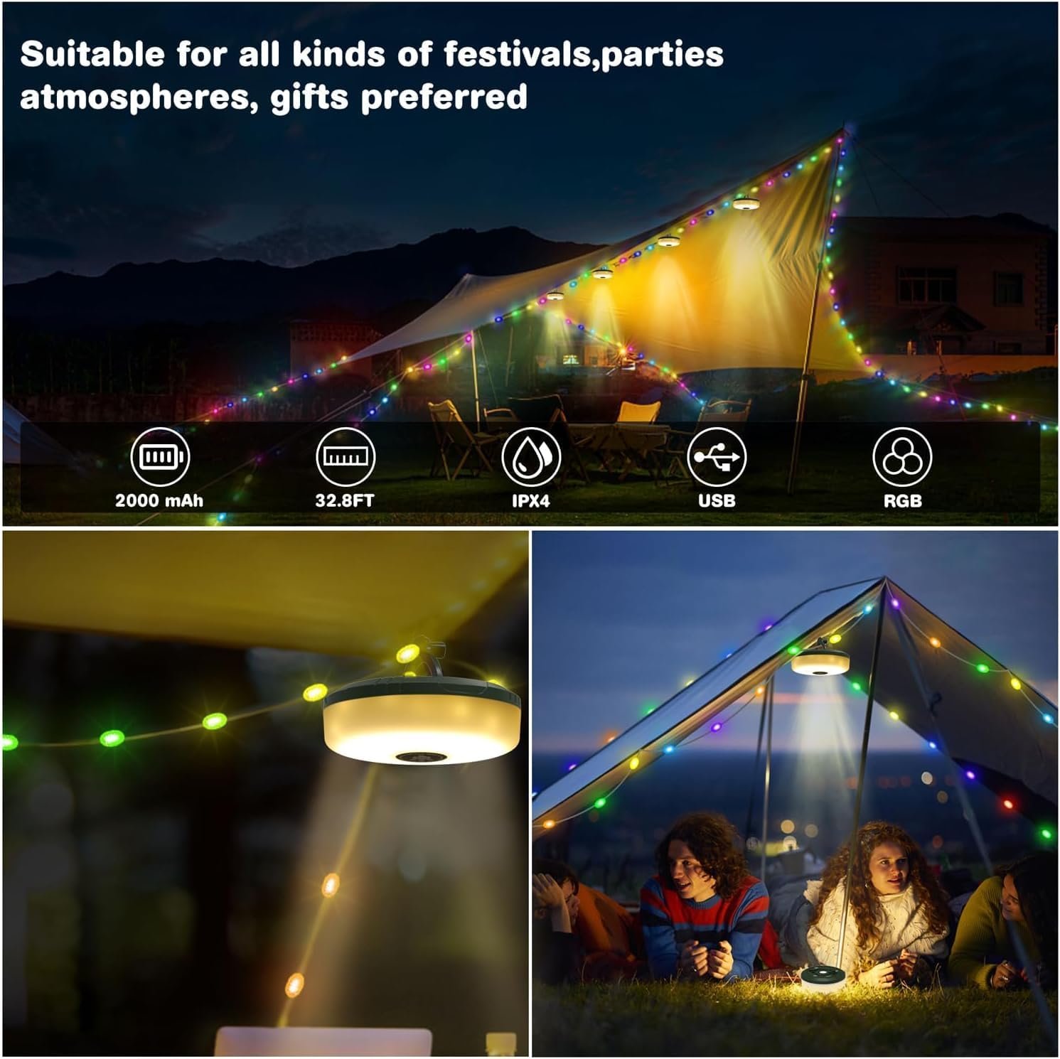 Cluemart 32.8FT Retractable Outdoor Camping String Light | Built-in Flashlight Torch, 8 Modes & USB Phone Power Bank