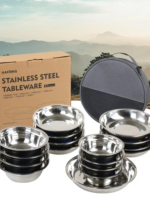 Outdoor Stainless Steel Dinner Plate & Bowl Set (18-Piece) – Food-Grade Stackable Tableware Kit with Zippered Storage Case for 4–6 People