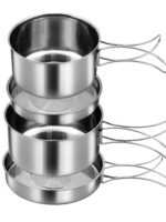 4-Piece Stainless Steel Camping Cookware Mess Kit – Lightweight Non-Stick Pots & Pans with Foldable Handles for Backpacking & Hiking