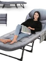 6-in-1 Convertible Folding Chair Bed with Mattress & Pillow – Adjustable Reclining Sleeper Lounge Cot for Camping, Patio & Guest Room