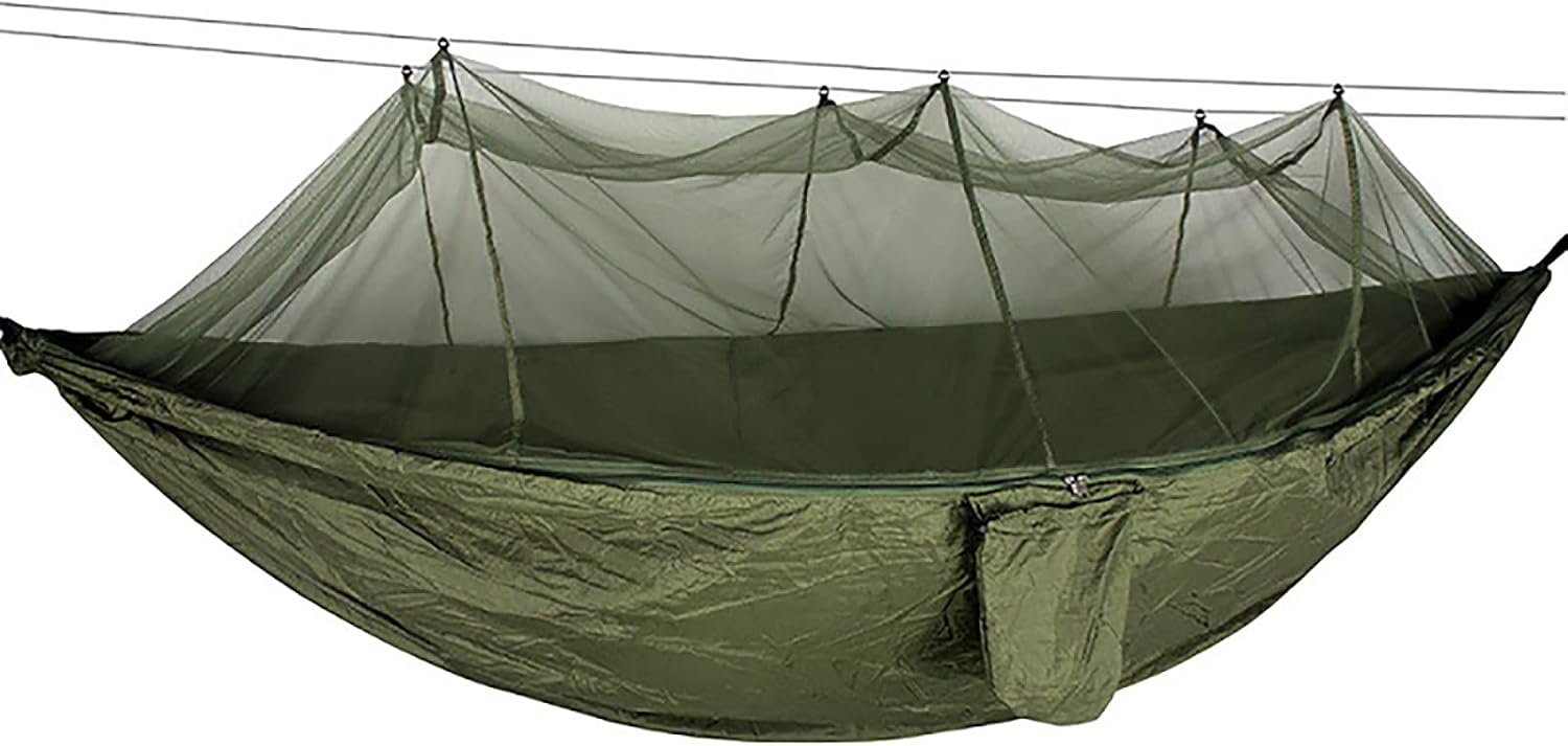 Lightweight Camping Hammock with Mosquito Net (260x140cm / 200kg Capacity) – Parachute Nylon Portable Travel Hammock with Tree Ropes & Carabiners