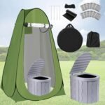 Pop-Up Privacy Tent & Portable Toilet Set for Adults – 190T Outdoor Shower & Changing Room Kit with Carry Bag for Camping, Car Travel & RV (Green)