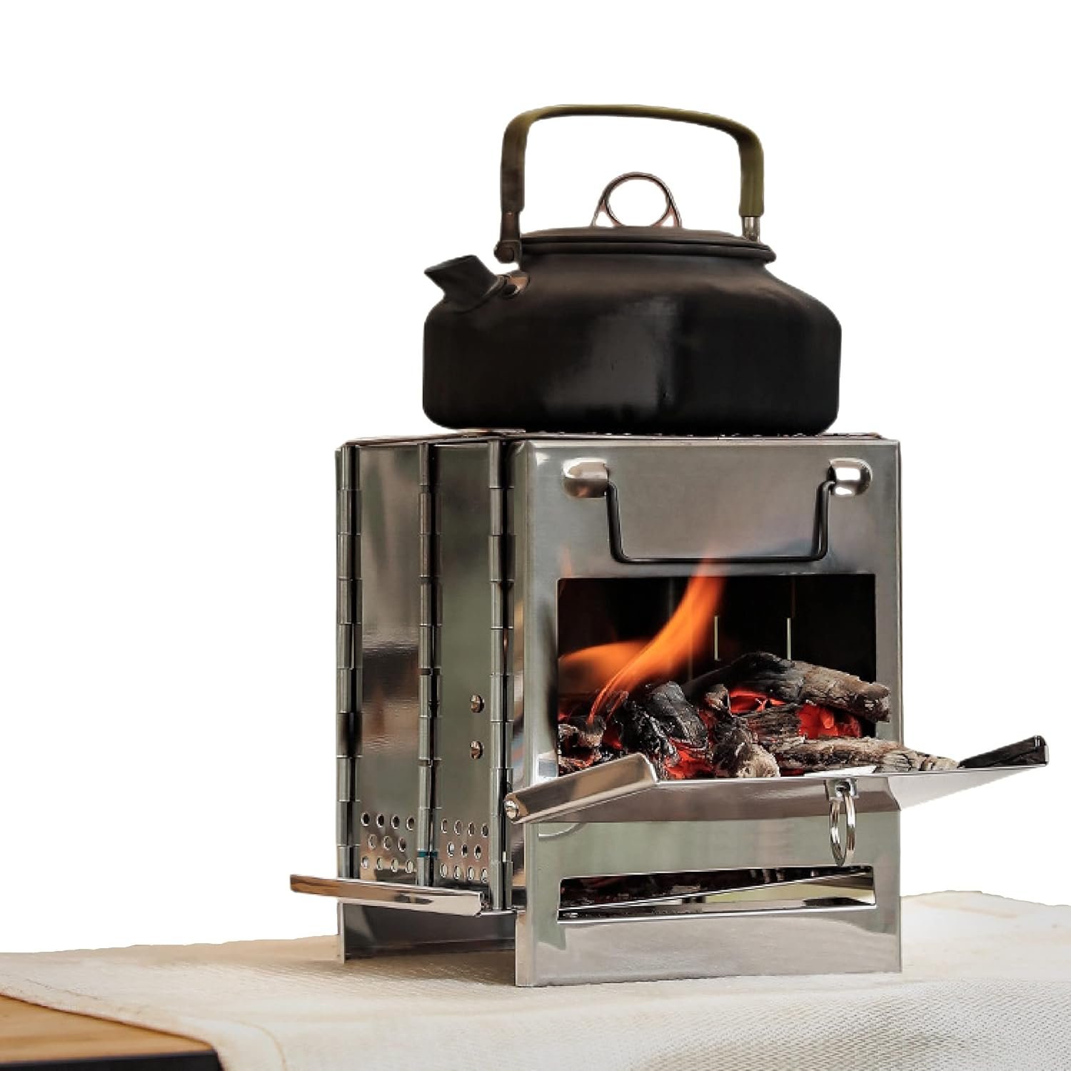 27cm Portable Folding Camping Wood Stove with Grill Grate – Lightweight Stainless Steel Backpacking Camp Stove for BBQ, Picnics & Hiking (Medium)