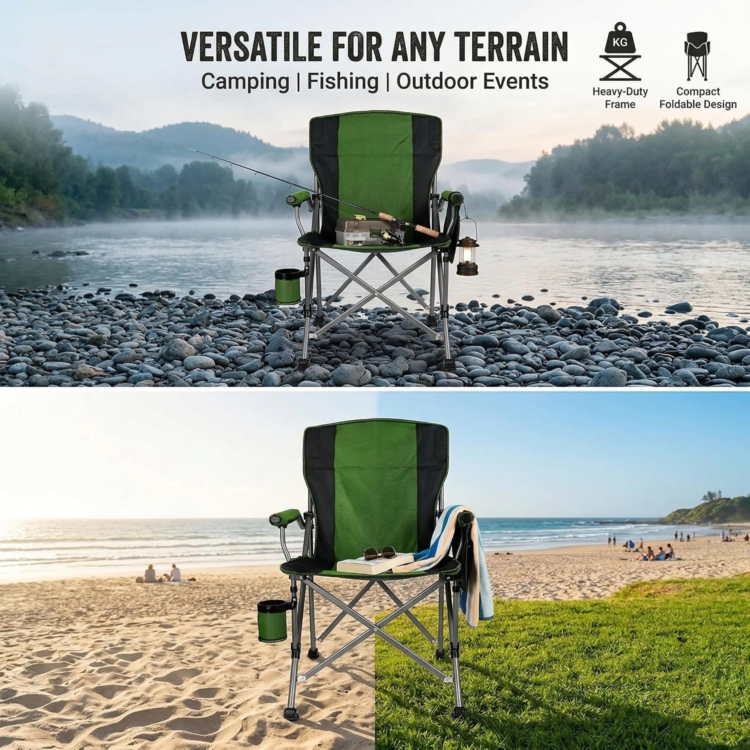 High-Back Folding Camp Chair for Adults – Heavy-Duty 330 LBS Steel Frame Director's Chair with Cup Holder & Side Organizer for Camping & Sports