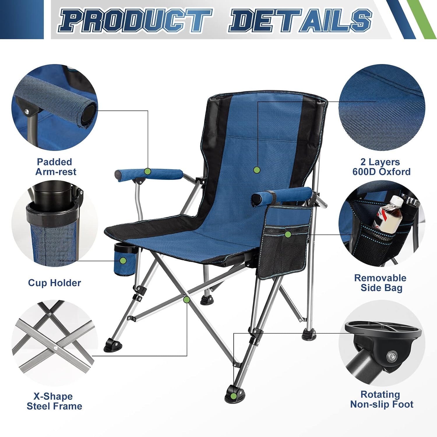 High-Back Folding Camp Chair for Adults – Heavy-Duty 330 LBS Steel Frame Director's Chair with Cup Holder & Side Organizer for Camping & Sports