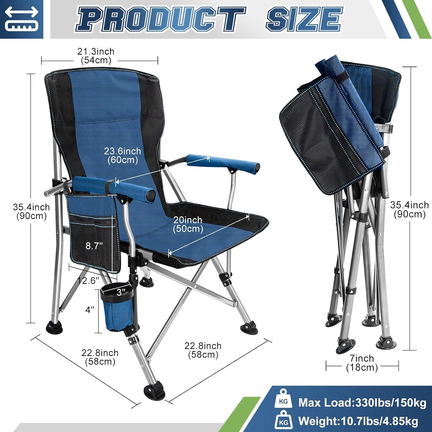 High-Back Folding Camp Chair for Adults – Heavy-Duty 330 LBS Steel Frame Director's Chair with Cup Holder & Side Organizer for Camping & Sports