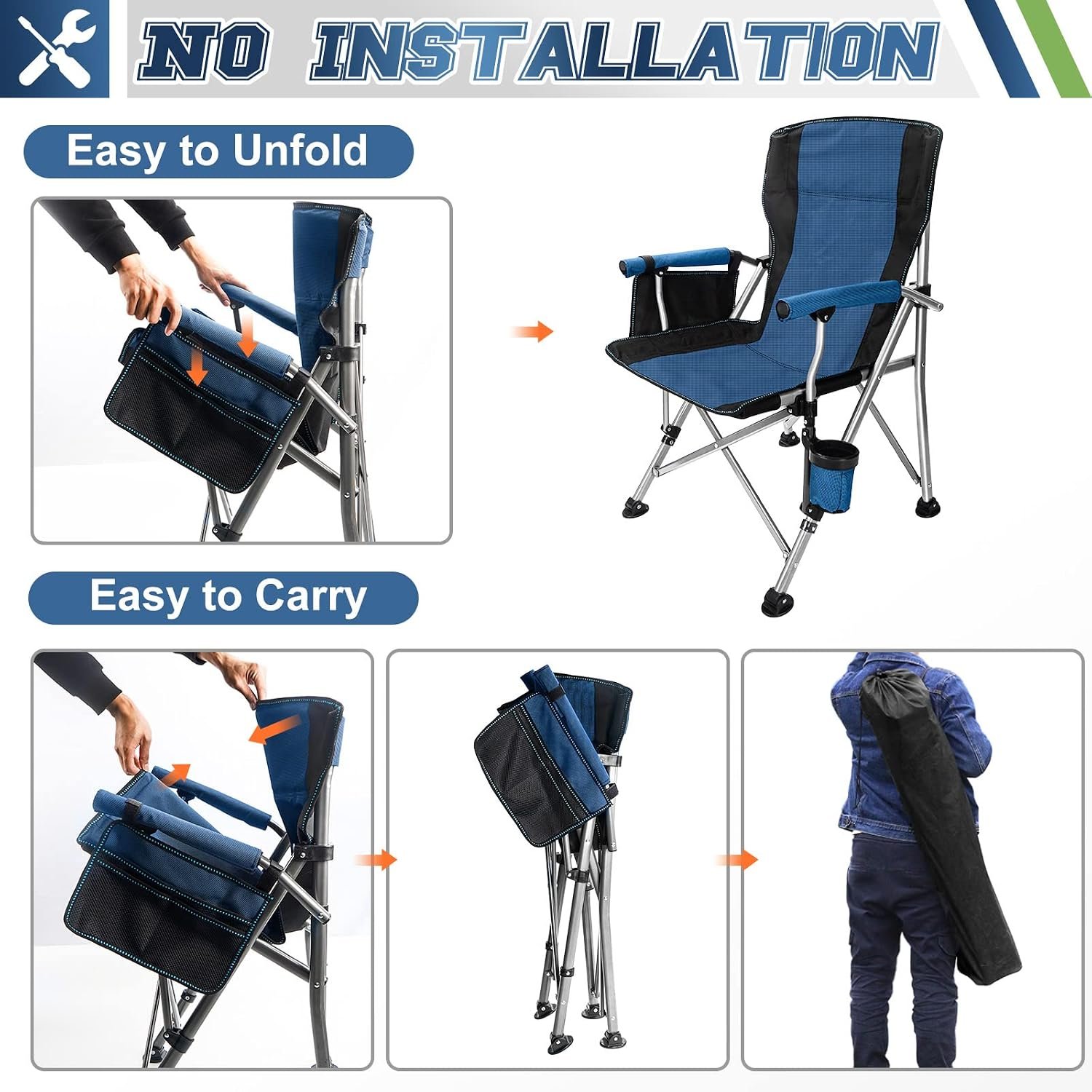 High-Back Folding Camp Chair for Adults – Heavy-Duty 330 LBS Steel Frame Director's Chair with Cup Holder & Side Organizer for Camping & Sports