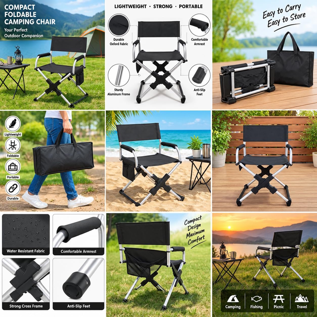 Compact Folding Camp Chair with Shoulder Bag – Heavy-Duty Oxford Fabric Outdoor Seat with Supportive Backrest for Hiking, Tailgating & Lawn