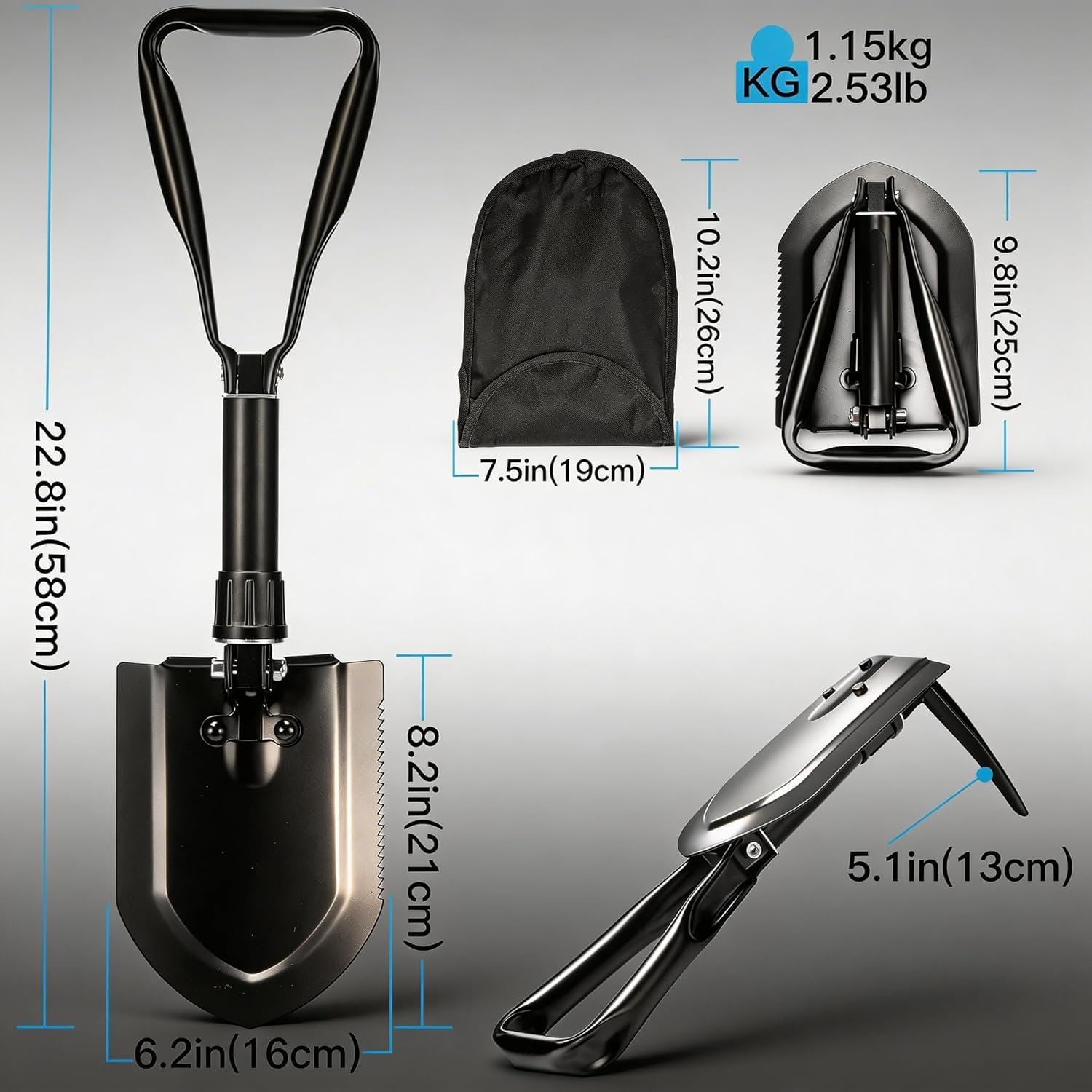 23-Inch Folding Camp Shovel & Entrenching Tool – Heavy-Duty High-Carbon Steel Portable Survival Shovel with Carry Pouch for Snow, Off-Road & Car Emergency