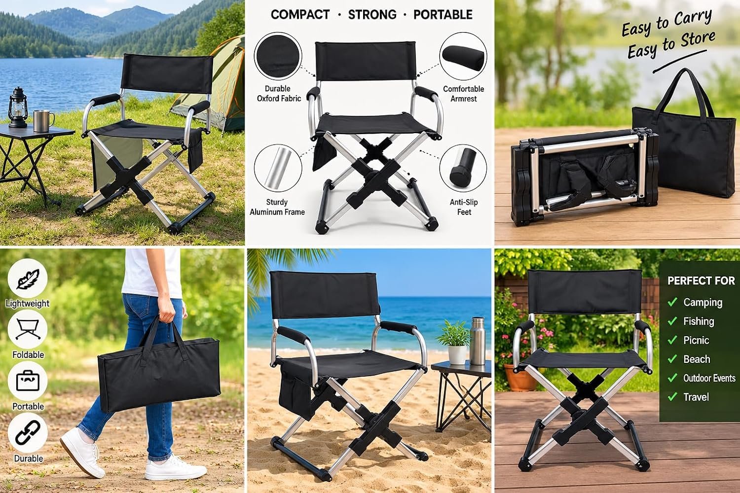 Compact Folding Camp Chair with Shoulder Bag – Heavy-Duty Oxford Fabric Outdoor Seat with Supportive Backrest for Hiking, Tailgating & Lawn
