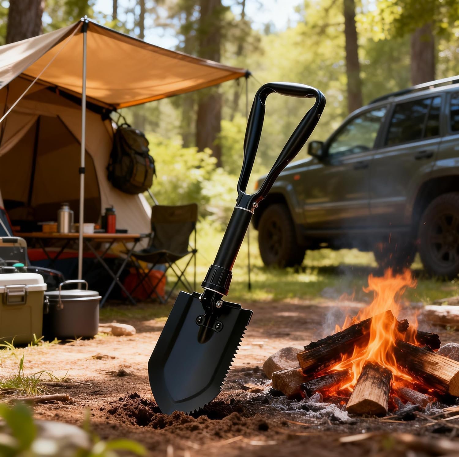 23-Inch Folding Camp Shovel & Entrenching Tool – Heavy-Duty High-Carbon Steel Portable Survival Shovel with Carry Pouch for Snow, Off-Road & Car Emergency