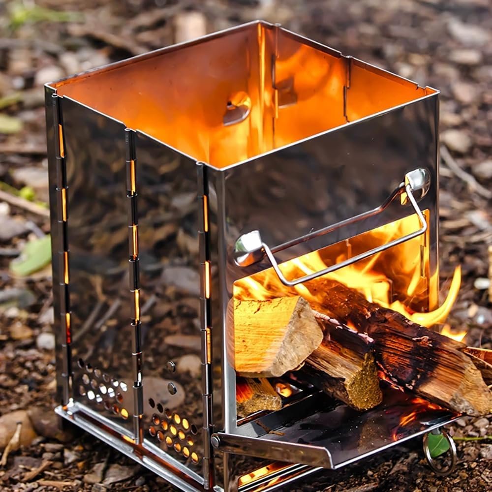 27cm Portable Folding Camping Wood Stove with Grill Grate – Lightweight Stainless Steel Backpacking Camp Stove for BBQ, Picnics & Hiking (Medium)