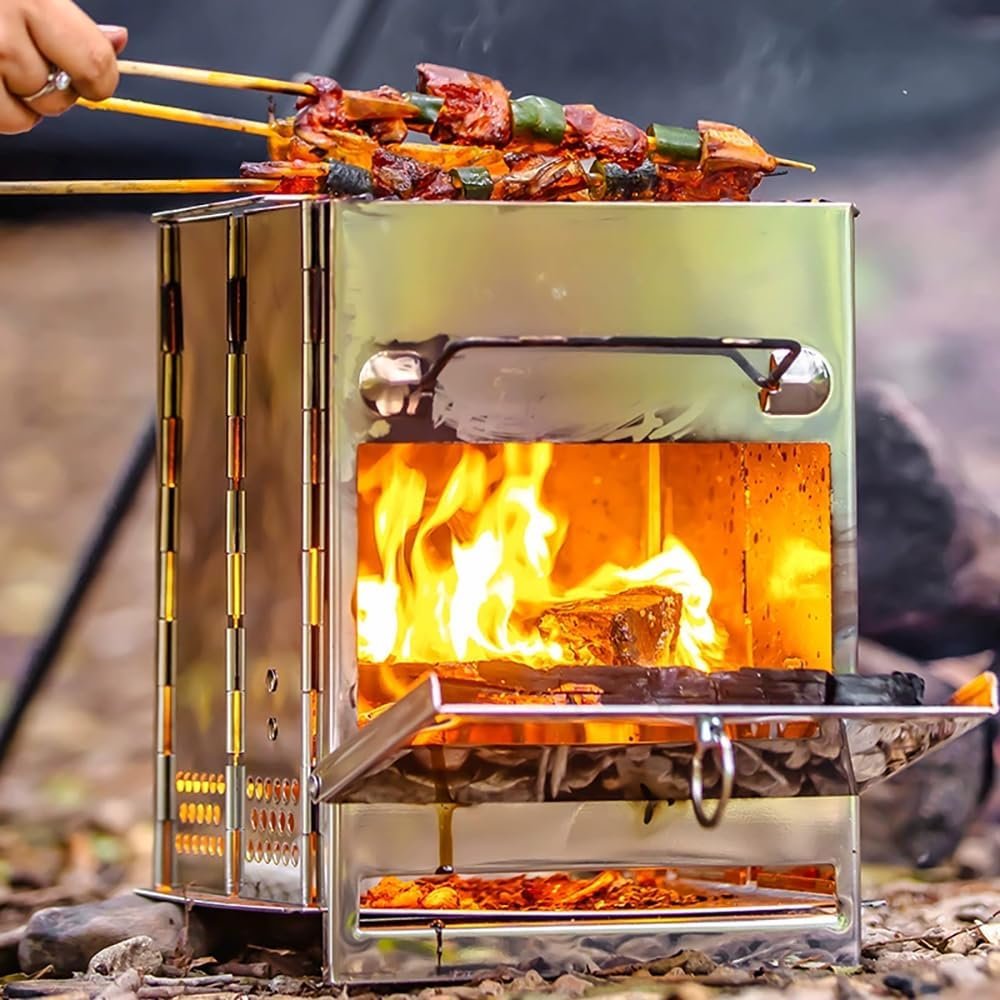 27cm Portable Folding Camping Wood Stove with Grill Grate – Lightweight Stainless Steel Backpacking Camp Stove for BBQ, Picnics & Hiking (Medium)