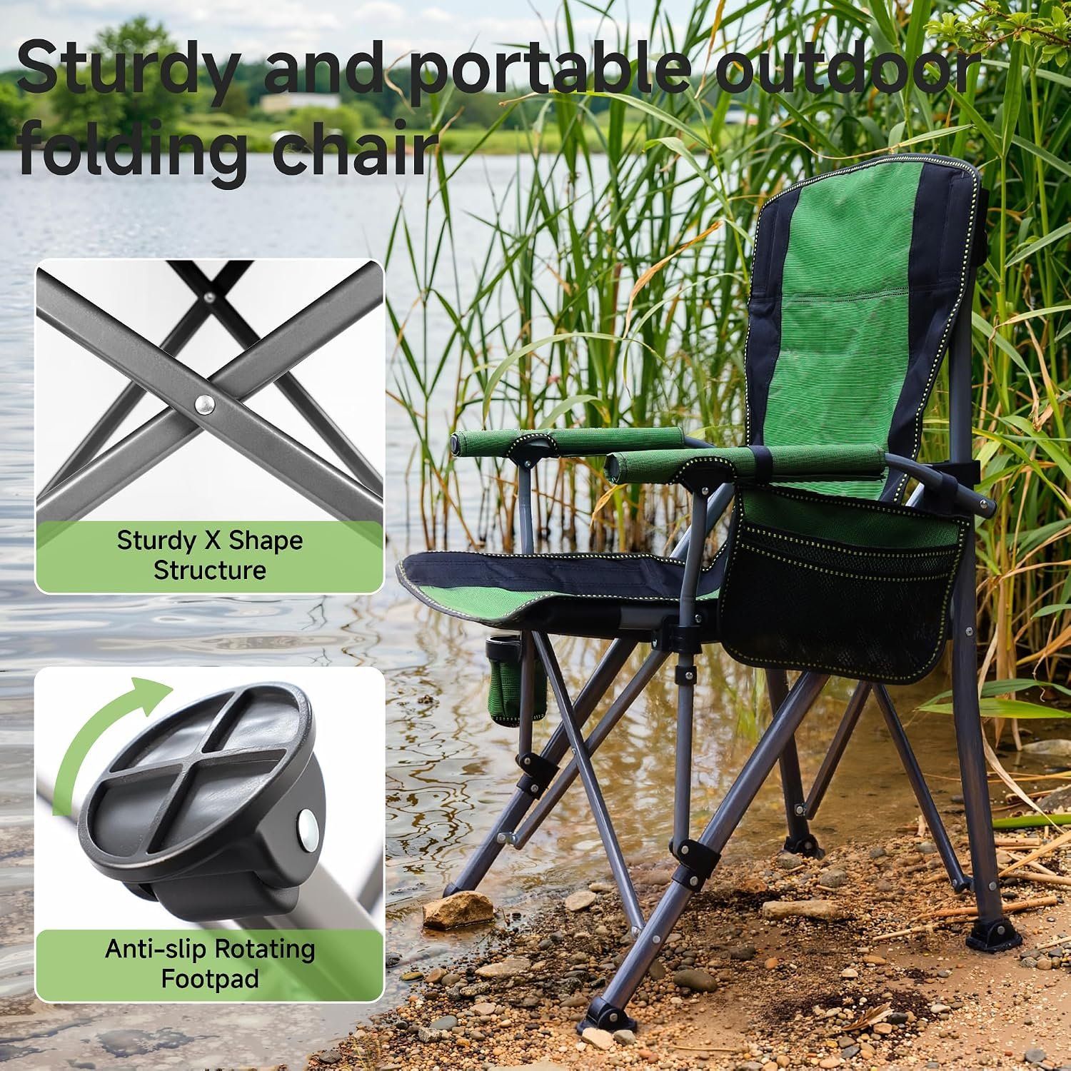 High-Back Folding Camp Chair for Adults – Heavy-Duty 330 LBS Steel Frame Director's Chair with Cup Holder & Side Organizer for Camping & Sports