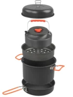 Portable Camping Cookware Set with Tea Kettle, Frying Pan & Steamer Rack – Lightweight Hard-Anodized Aluminum Nesting Mess Kit for Hiking & Picnics