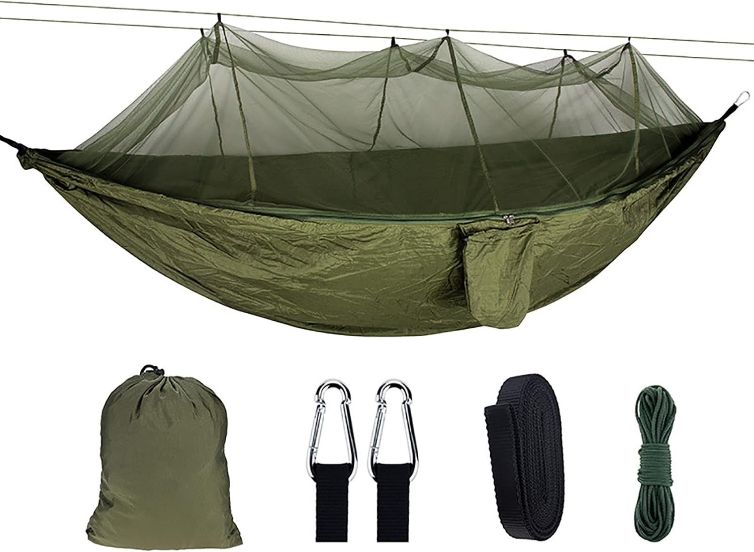 Lightweight Camping Hammock with Mosquito Net (260x140cm / 200kg Capacity) – Parachute Nylon Portable Travel Hammock with Tree Ropes & Carabiners