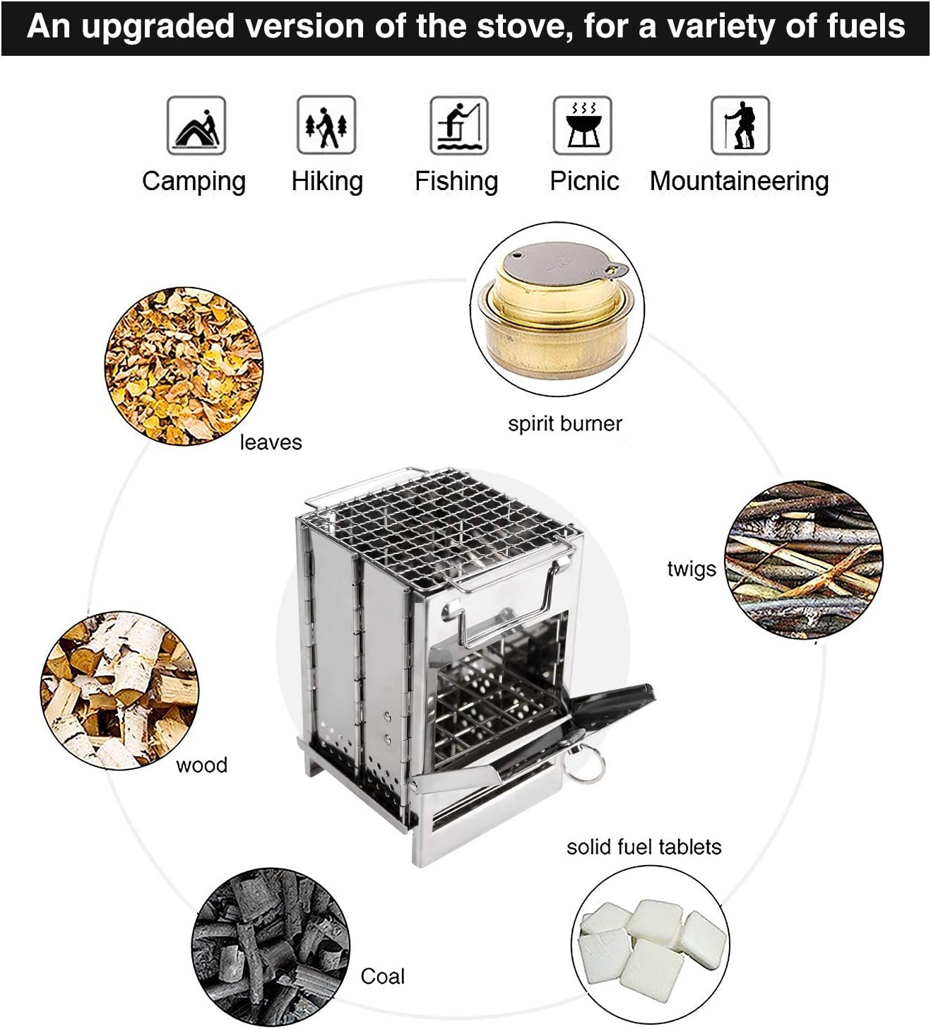 27cm Portable Folding Camping Wood Stove with Grill Grate – Lightweight Stainless Steel Backpacking Camp Stove for BBQ, Picnics & Hiking (Medium)