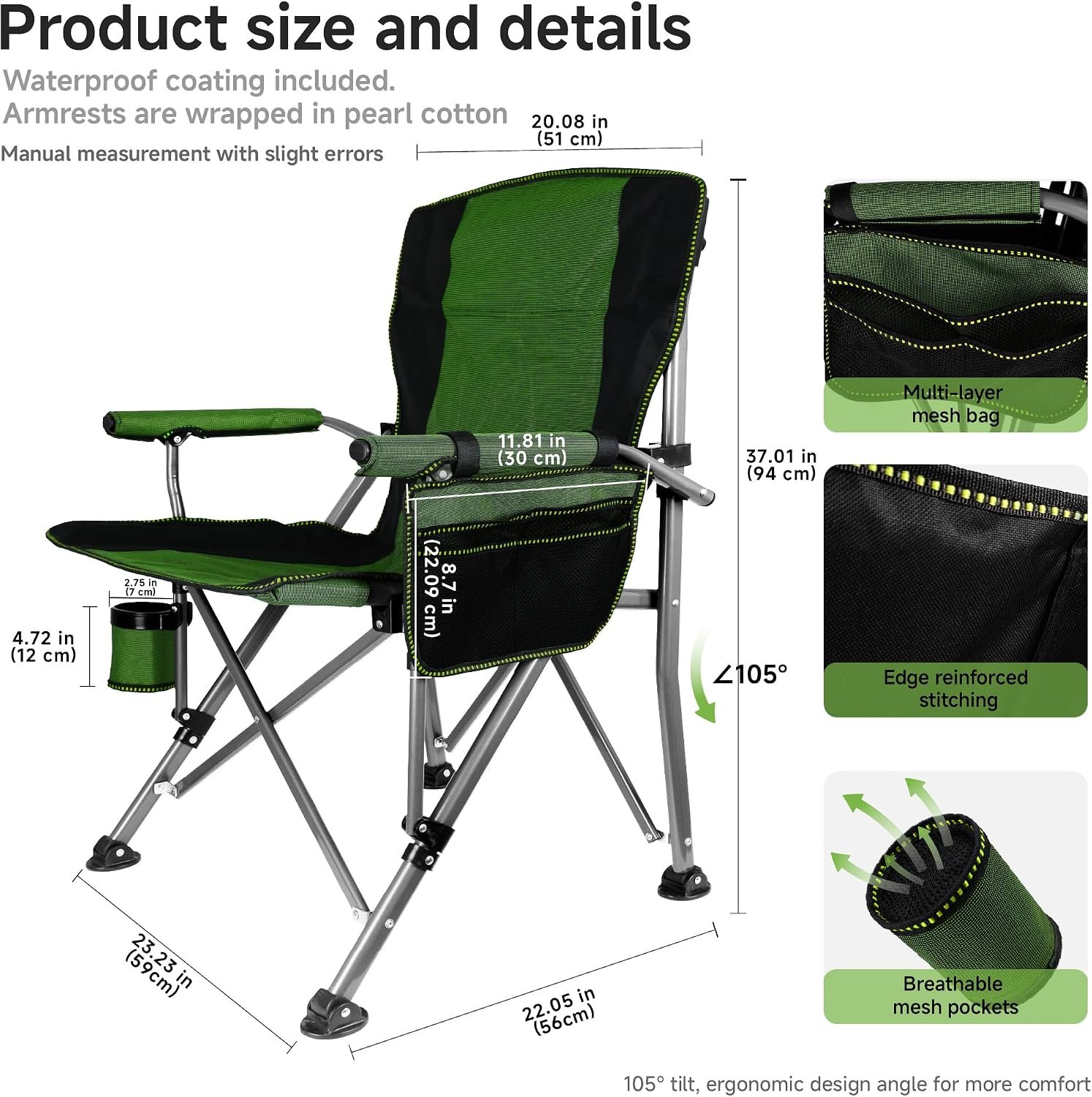 High-Back Folding Camp Chair for Adults – Heavy-Duty 330 LBS Steel Frame Director's Chair with Cup Holder & Side Organizer for Camping & Sports
