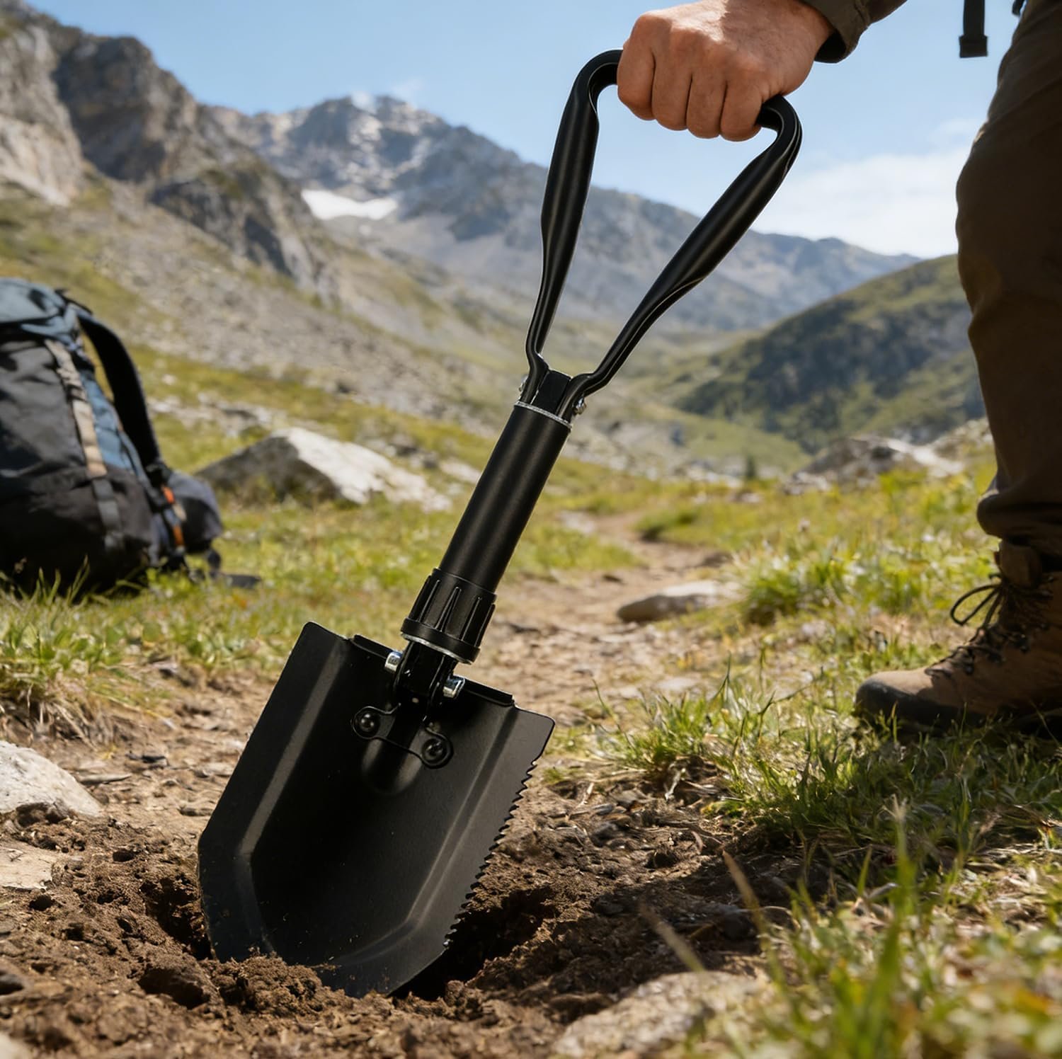 23-Inch Folding Camp Shovel & Entrenching Tool – Heavy-Duty High-Carbon Steel Portable Survival Shovel with Carry Pouch for Snow, Off-Road & Car Emergency